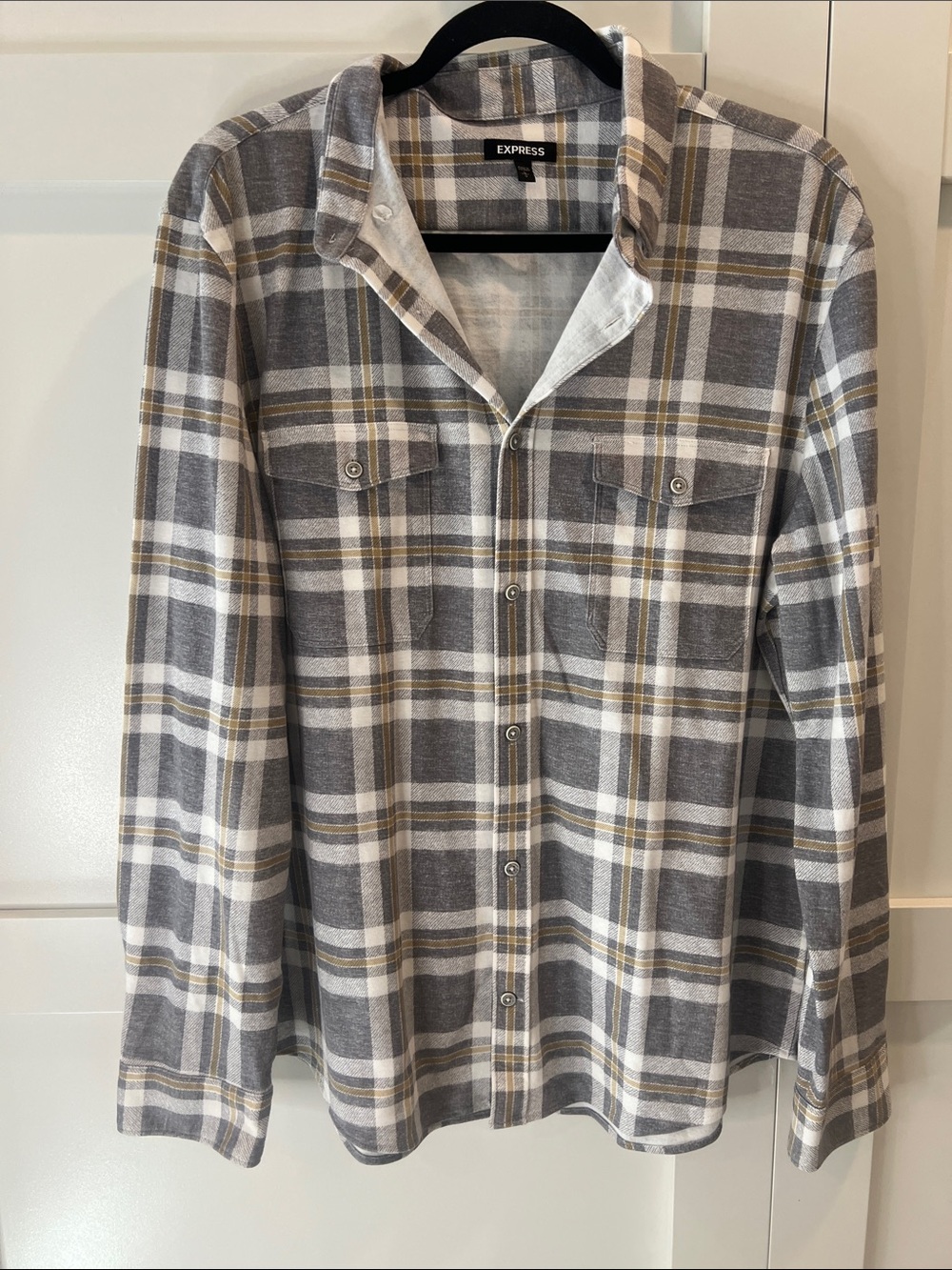 Express Men’s Gray, Cream & Yellow Plaid Button-Down Shirt